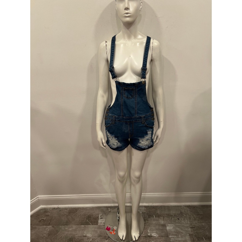 Fashion Nova Suspender Shorts Womens Blue Distressed Denim Overalls Romper MED